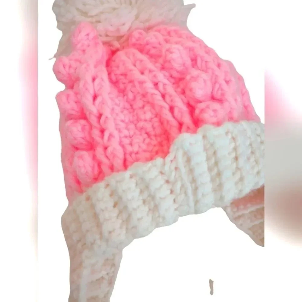 Handmade Pink and white Baby Winter Hat Pom Pom Crochet Ear flaps with ties